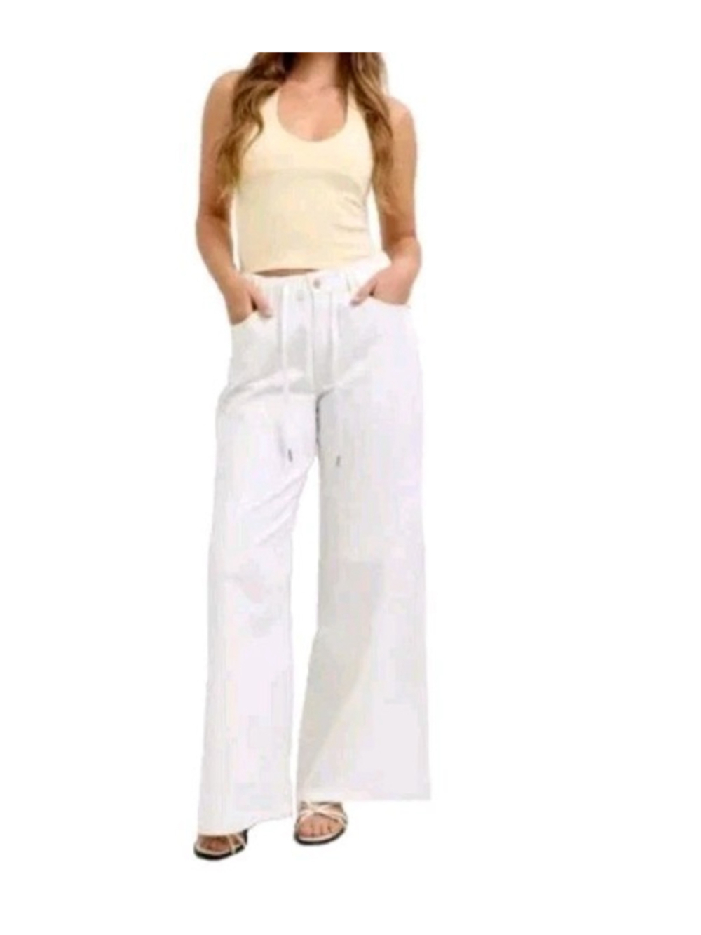 Judy Blue Jeans Sz 5/27 Long White High Rise Palazzo Wide Leg Drawstring Denim